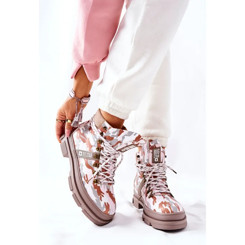 Big Star II274369 Leather Trapper Boots Grey Moro White Brown Pink
