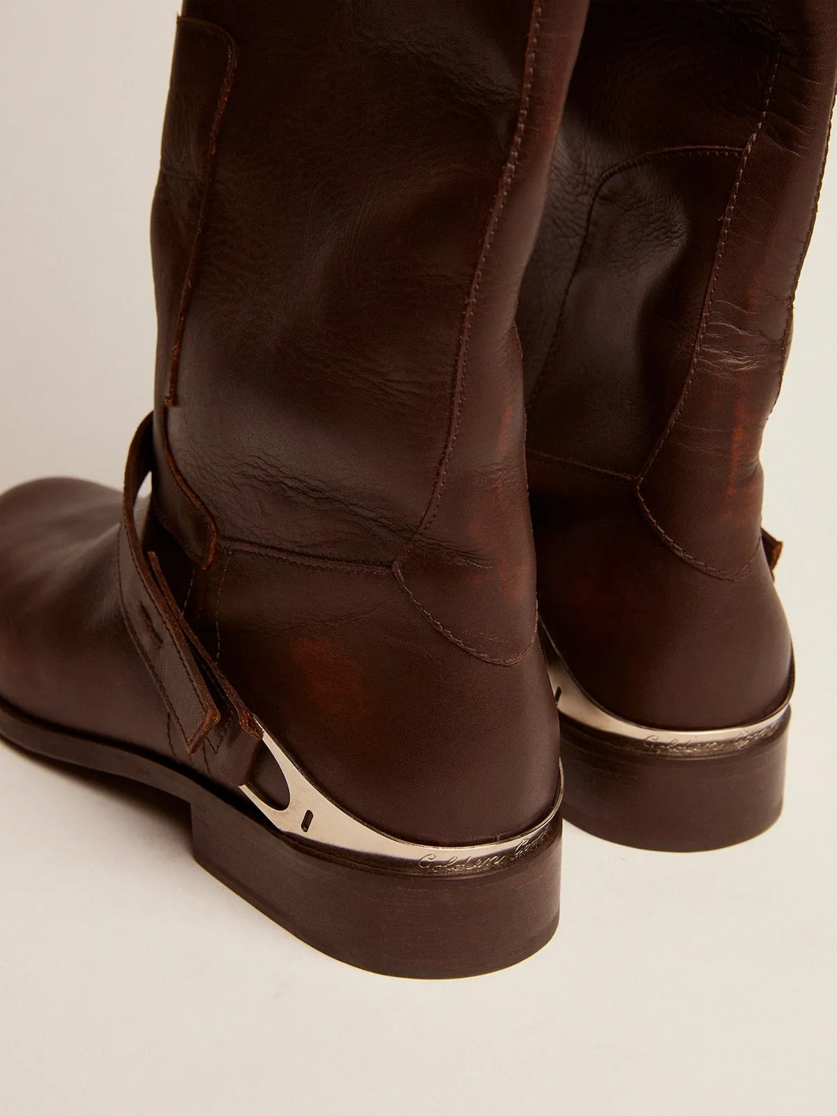 Charlie women's dark brown leather boots with heel tab | Golden Goose