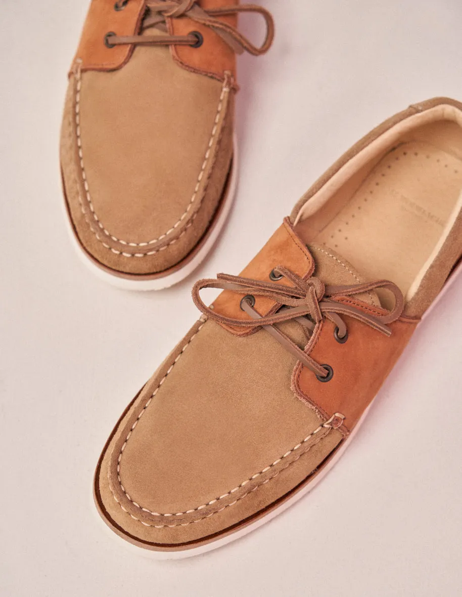 Beige Suede and Cognac Leather Boat Shoes - Marine Stylish Look