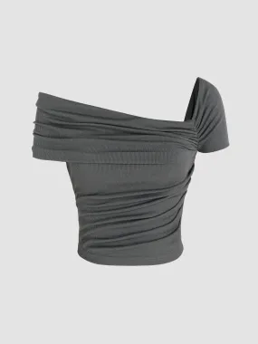 Short sleeved crop top with ruched off-shoulder neckline