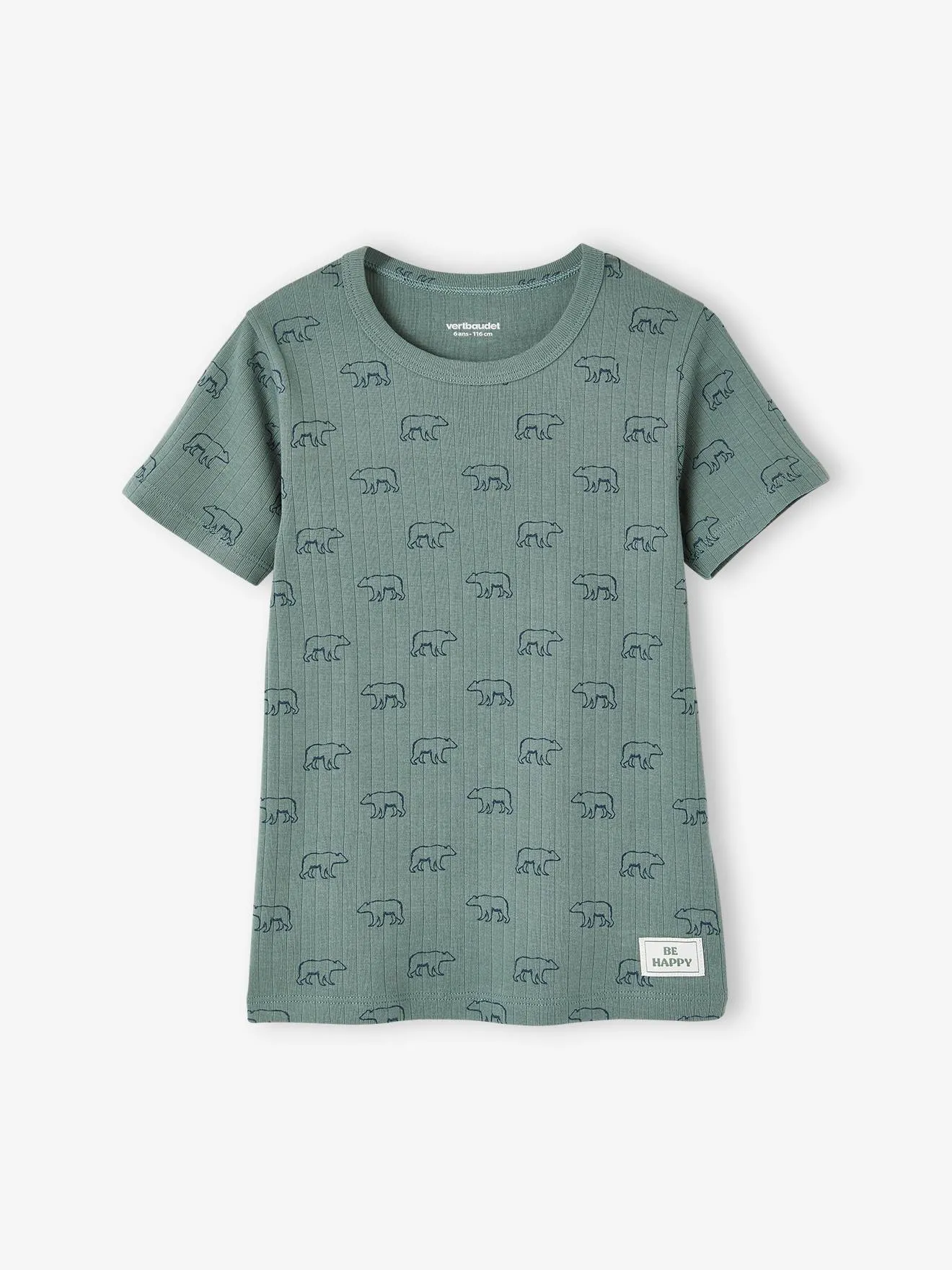 Pack of 3 Short Sleeve Ribbed Knit Bear T-Shirts for Boys in Emerald Green - Vertbaudet