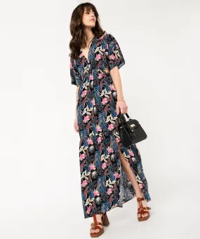 long black women's beach dress with deep v-neck beachwear.