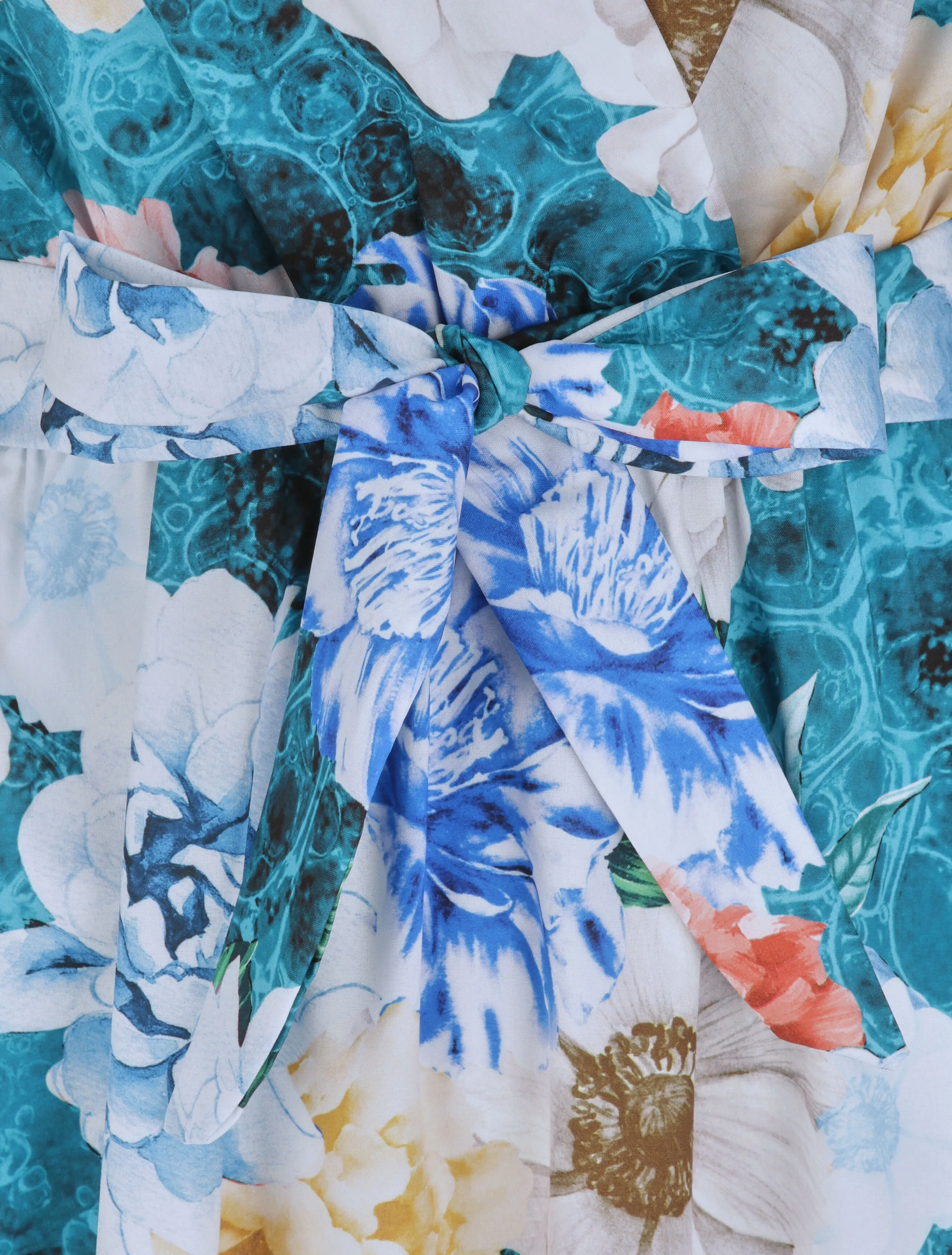 Robe longue cintrée imprimé pivoines stylisées - Bleu