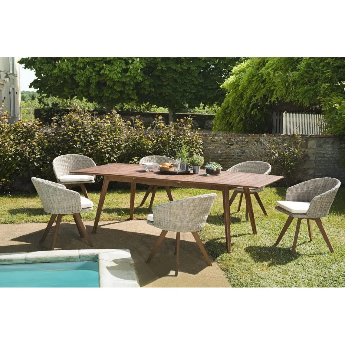 SALON DE JARDIN EN BOIS ACACIA 8/10 pers - Ensemble de jardin - 1 Table rectangulaire extensible 180/240*100 cm et 6 fauteuils e