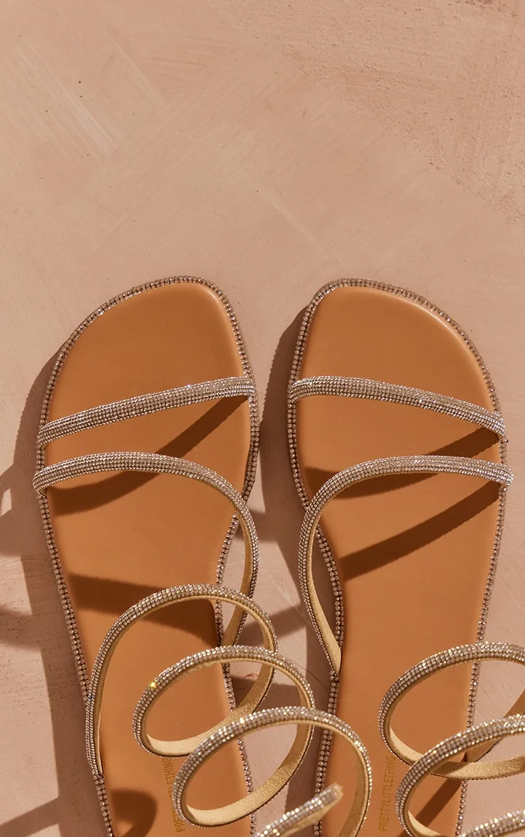 Sandales plates  en PU doré à bout carré et brides à strass montante