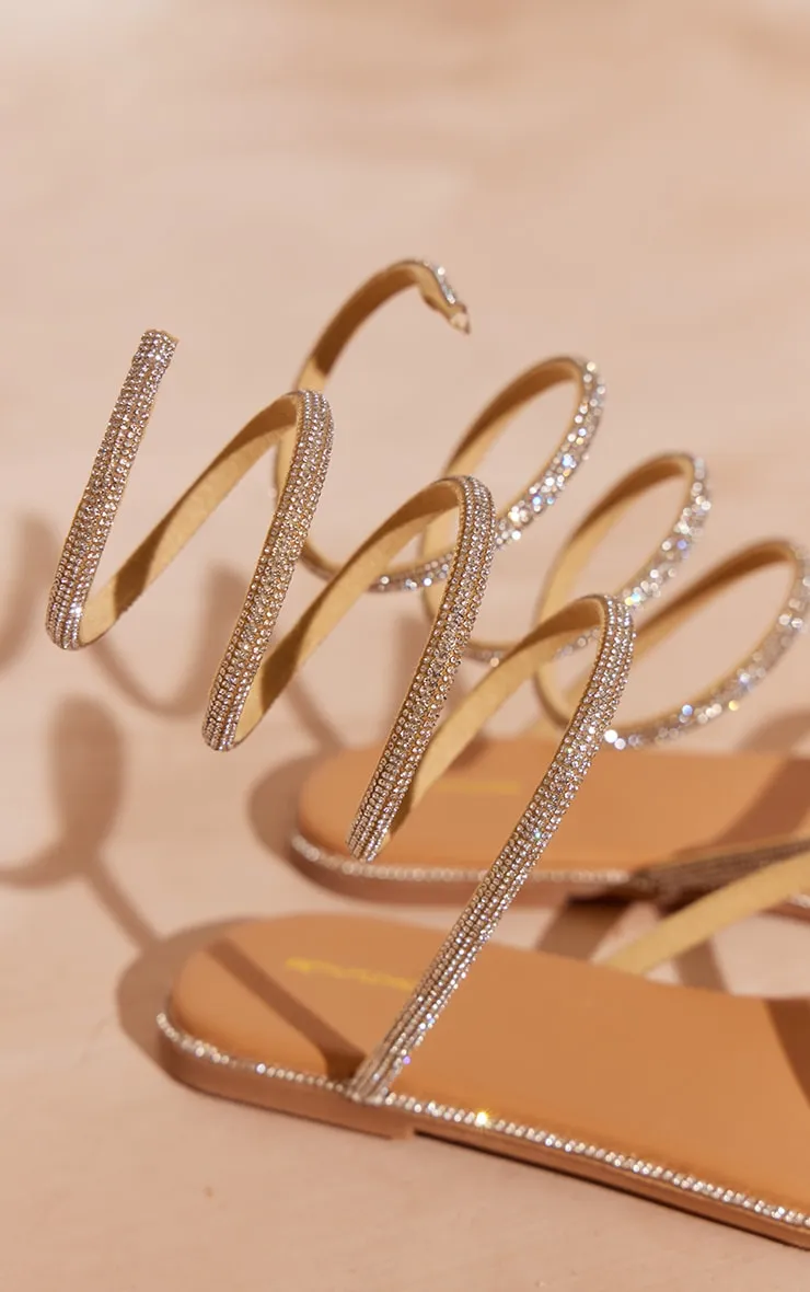 Sandales plates  en PU doré à bout carré et brides à strass montante