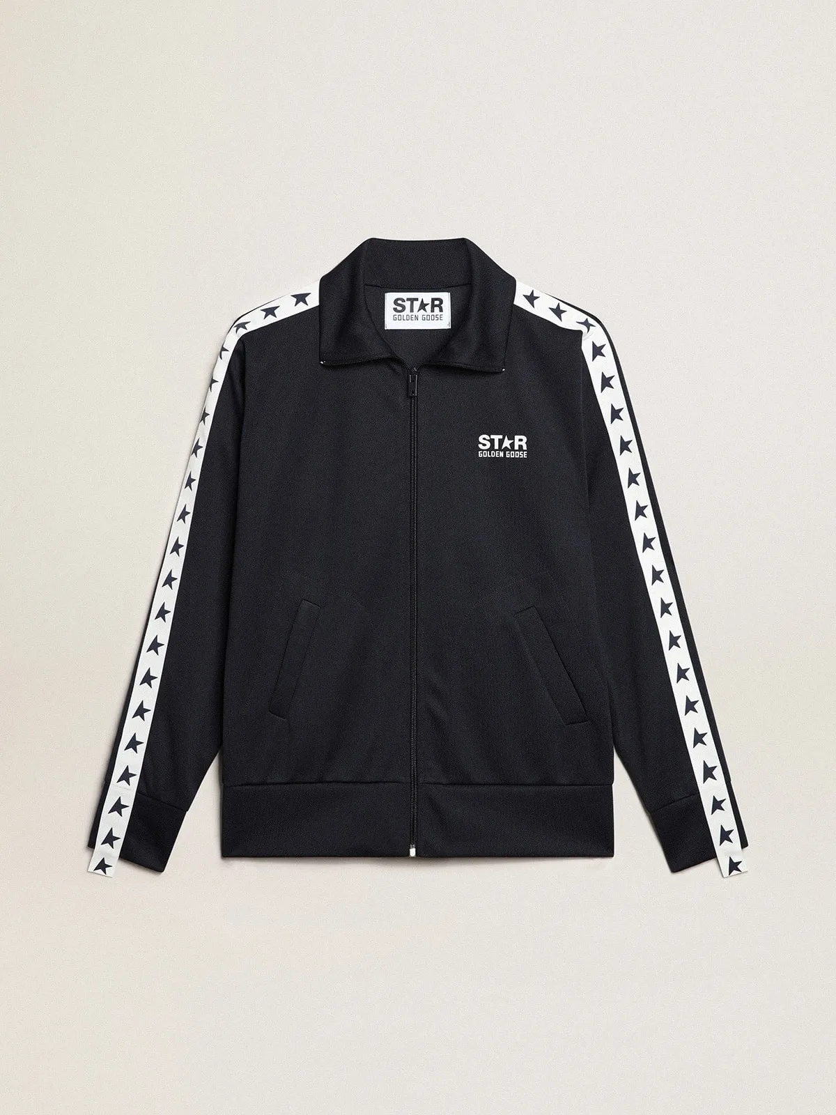 Sweat-shirt bleu foncé avec ruban blanc et étoiles bleuet contrastées | Golden Goose