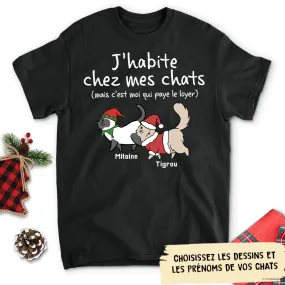Personalized Unisex T-shirt - I Live with My Cat - Christmas Version