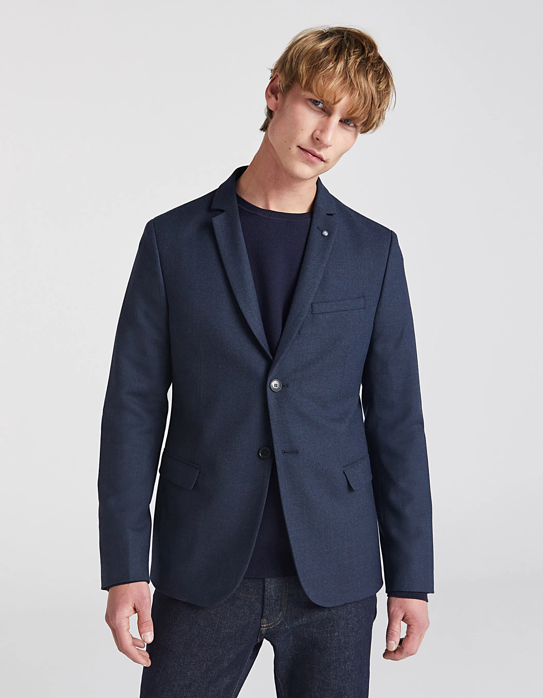 Slim Fit Dark Blue Flannel Suit Jacket Men