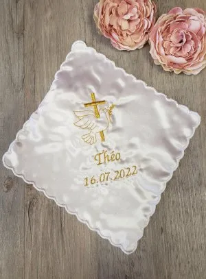 White Satin Baptism Handkerchief with Cross and Dove