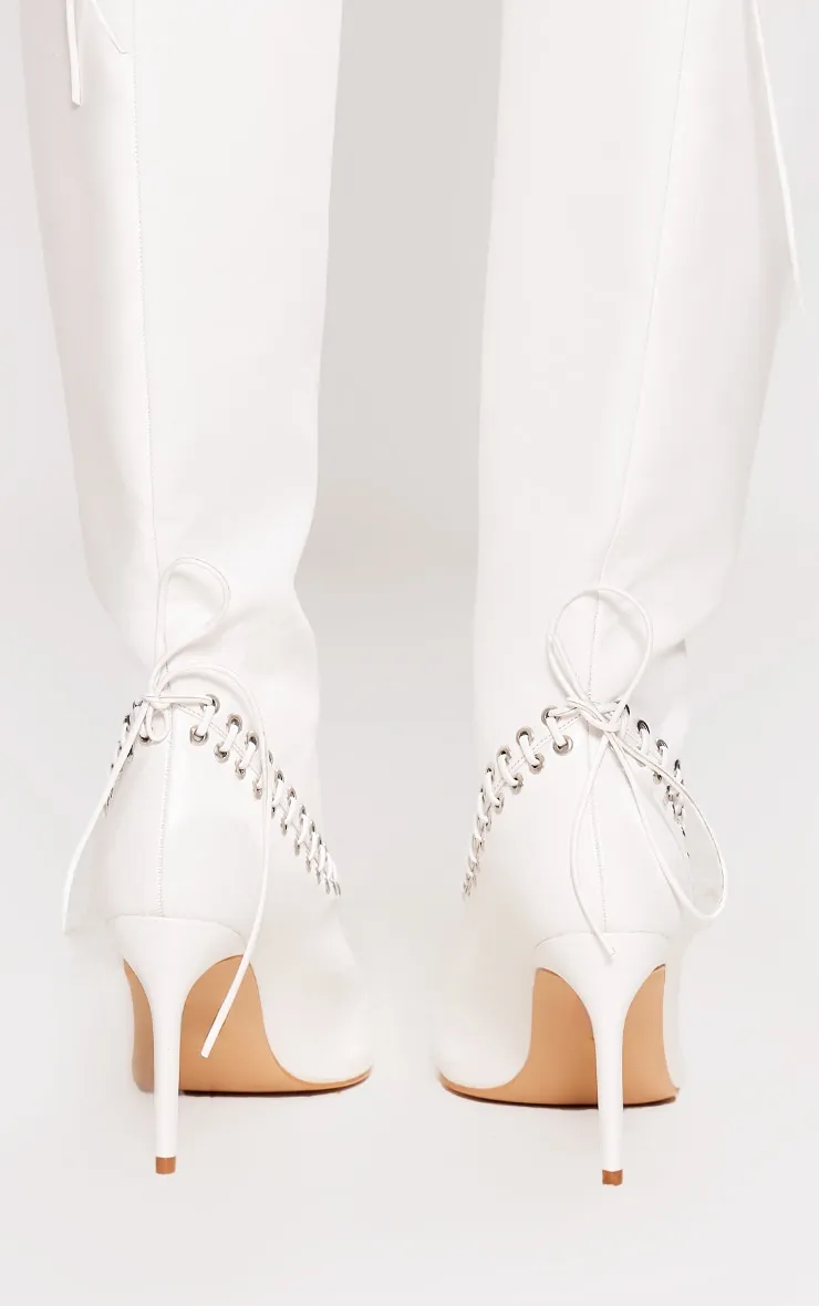 White Wide Fit Pointed Toe Lace-Up Boots in PU with Eyelets and Heel